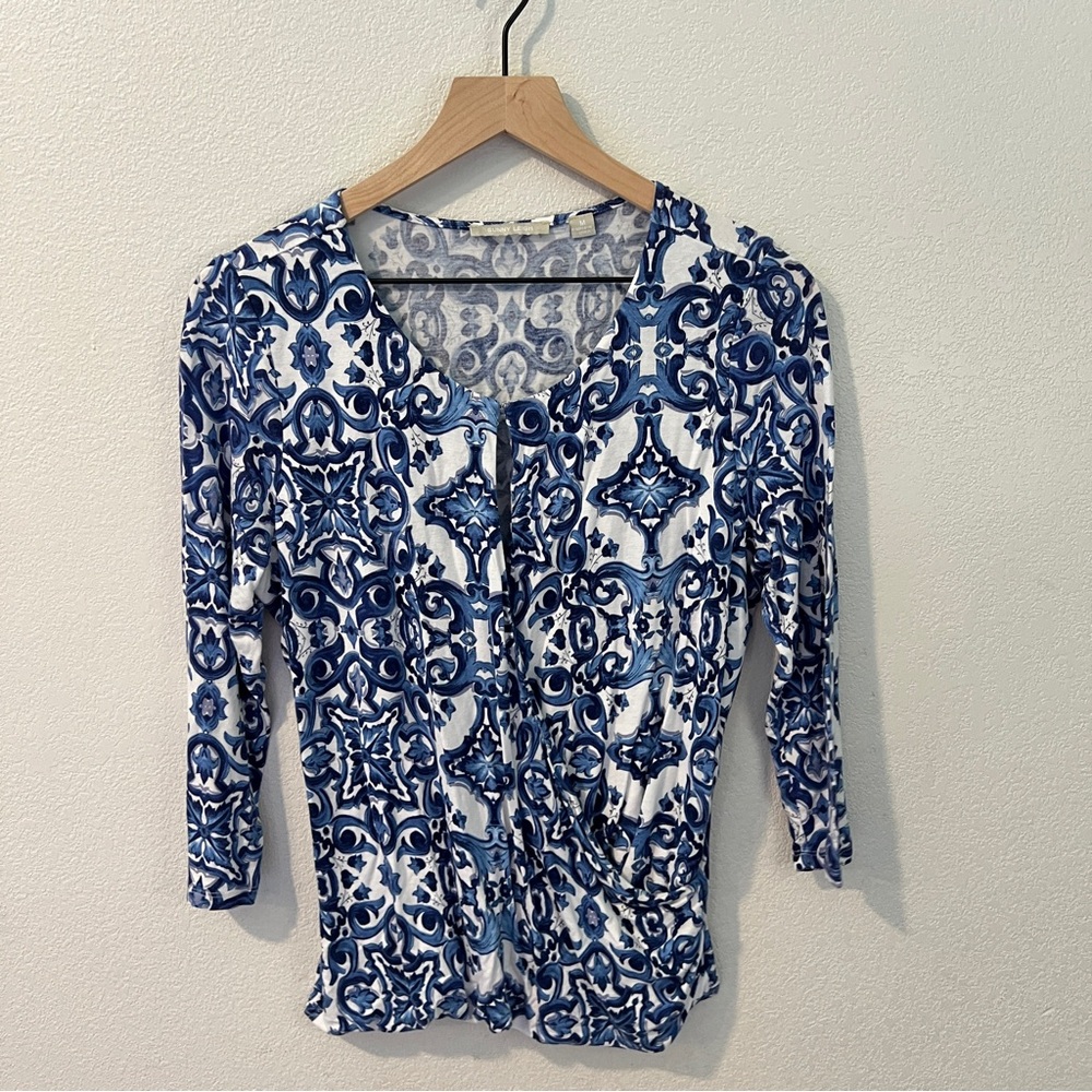 Sunny Leigh Blue White Floral Paisley Crossover Faux Wrap Blouse Keyhole Size M